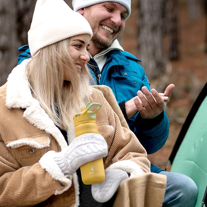 IDEUS Insulated Stainless Steel Water Bottle with 2 Leak-Proof Lids, Thermal Water Flask for Hiking Biking, 24oz, Bright Yellow