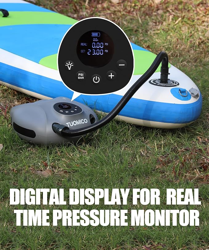 Tuomico Truely Portable Paddle Board Pump 25 PSI High Pressure Sup Air Pump,4 Minutes Fast Inflation, 74WH Rechargeable Battery Powered Electric Air Pump for Inflatable Kayak Boat Float Tent