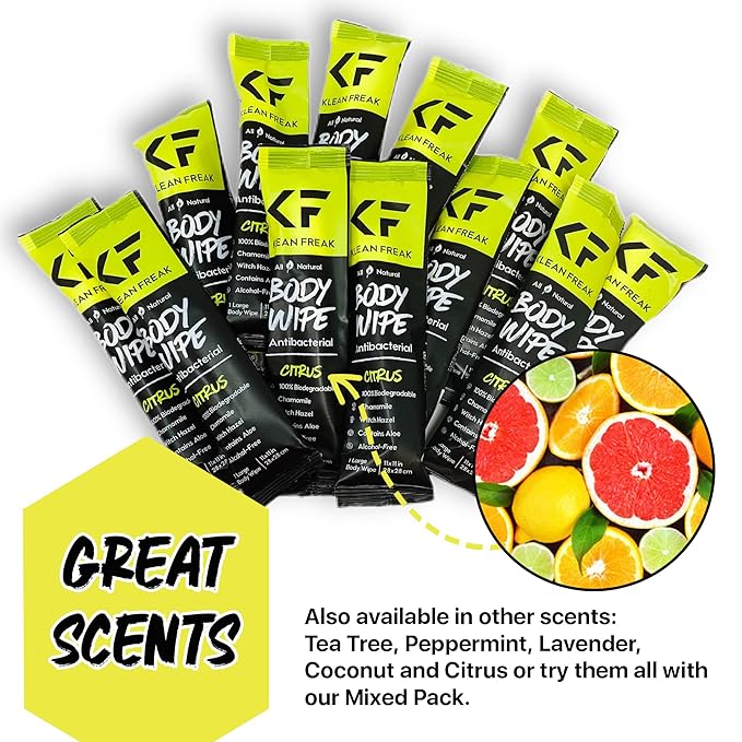 Body Cleansing Wipes - Original Biodegradable Natural Disposable Wipes, Individually Wrapped for the Gym, Workout, Hiking, Travel, and Sport, Citrus 12-Count…