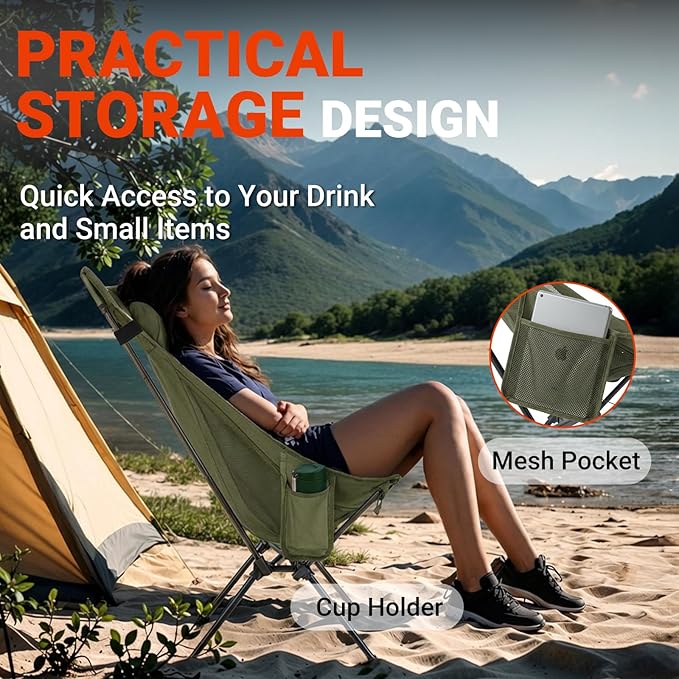Overmont Portable High-Back Camping Chair - 440LBS Support Oversized Lightweight Folding Backpacking Chair for Adults - Compact with Detachable Pillow for Outdoor Travel Hiking Beach Fishing