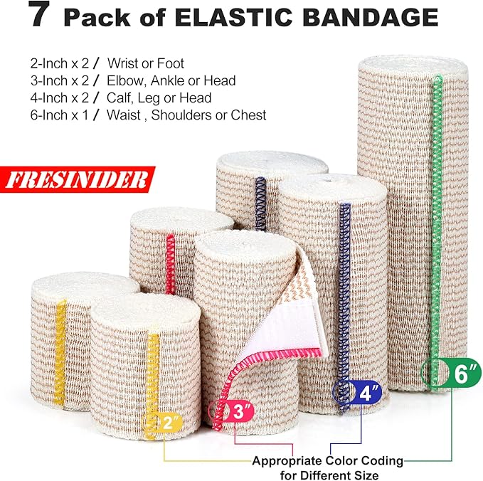 FRESINIDER Premium Elastic Bandage Wrap (7pack) Self Adhesive Cotton Latex Free Compression Bandage Wrap with Touch Closure at Both Ends, Support & First Aid for Sports, Medical, and Injury Recovery