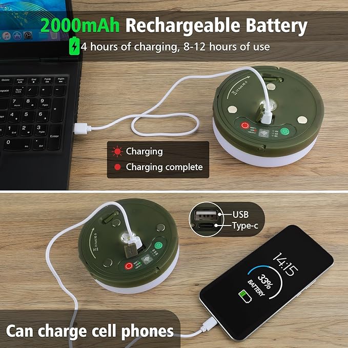 2PCS Camping String Lights 33ft, 4 in 1 Rechargeable 100LED Outdoor Tent String Lights with 14 Lighting Modes Remote Control Waterproof with Timer Function for Camping Gear Essentials Hiking Garden