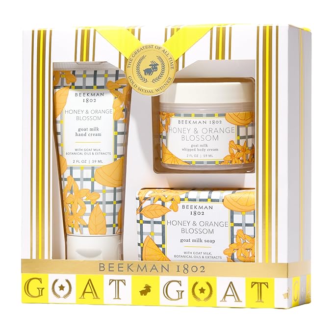 Beekman 1802 Honey & Orange Blossom 3-Piece Body Care Set – Goat Milk Skincare Gift Set with Bar Soap, Whipped Body Cream & Hydrating Hand Cream – Travel Size Body Care Kit