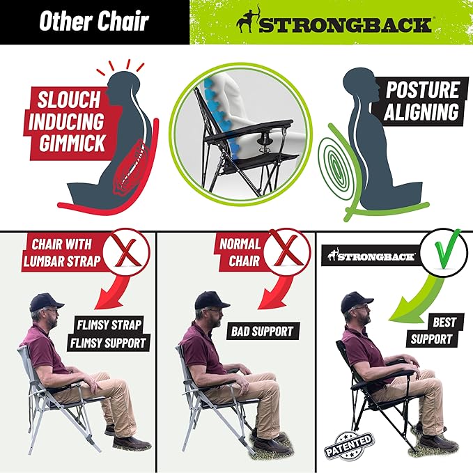 STRONGBACK Elite Folding Camping Lawn Lounge Chair Heavy Duty Camp Outdoor Seat with Lumbar Support and Portable Carry Bag - Black/Grey