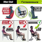 STRONGBACK Elite Folding Camping Lawn Lounge Chair Heavy Duty Camp Outdoor Seat with Lumbar Support and Portable Carry Bag - Black/Grey