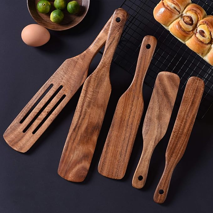 Spurtle Set,Wooden Spurtle Set of 5,Wooden Spoons for Cooking, Natural Teak Wooden Spatula for Cooking, Stirring, Mixing, Serving,Spurtles Kitchen Tools As Seen On Tv, Sourdough Starter Spatula