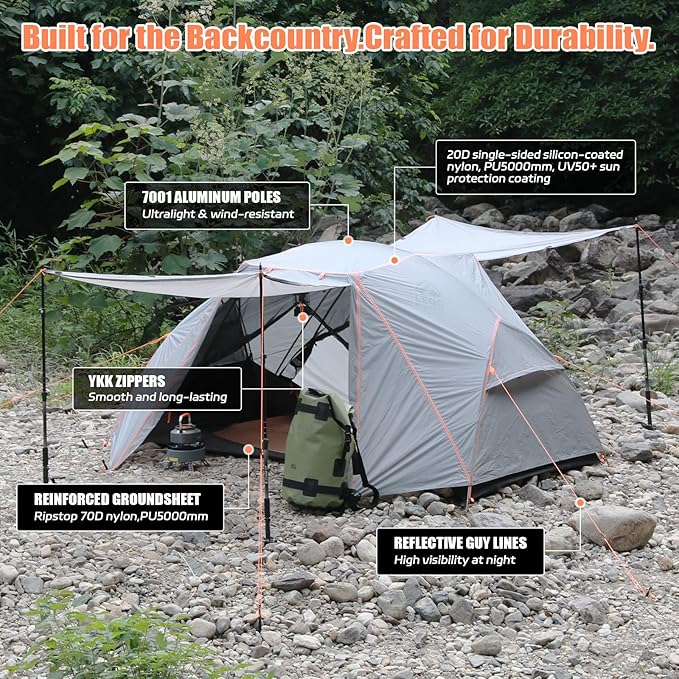 Waterproof Hiking Tent for Backpacking – 2/3/4 Person Easy Up Camping Tent, PU5000mm All Season Windproof Tent for Winter, Cold Weather, Outdoor Hiking & Freestanding Shelter for Mountain Camping