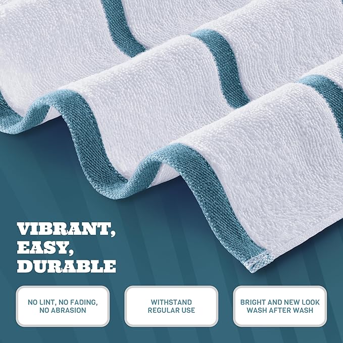 White Classic Cotton Pool Towels Oversized 35 x 70 Inches, Ultra Absorbent and Low Lint Striped Beach Towels for Adults, Stripes Design Luxury Extra Large Bath Towels, Light Blue, 3 Pack