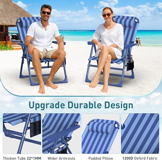 Suteck Backpack Beach Chair for Adults - 6-Position Folding Reclining Chair with Cooler Bag & Cup Holder, Lightweight Portable Beach Chair for Camping, Outdoor, Sand, Travel Use