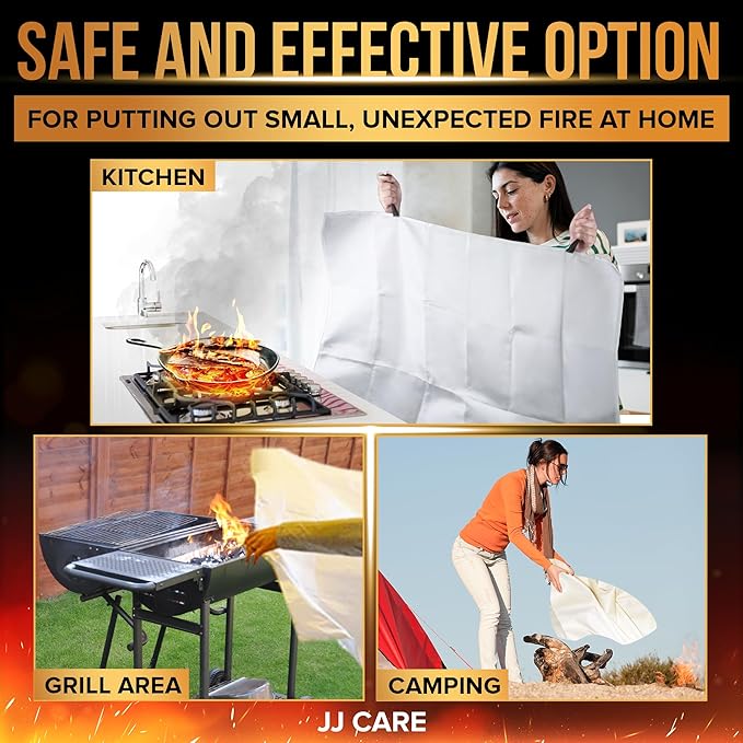 JJ CARE Fire Blanket – 6 Packs with Hooks and Gloves – Emergency Fire Blanket for Home & Kitchen, High Heat Resistant Fire Suppression Blankets for Home Safety, Kitchen, and Camping