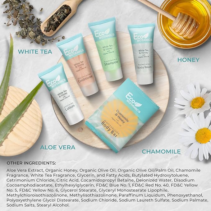 Travel Size Hotel Toiletry Set 300 Count 0.85 oz Bottles Guest Amenities for Vacation Rentals and Short Term Rentals Paraben Free White Tea Scent Infused with Aloe and Olive Oil by Eco Botanics
