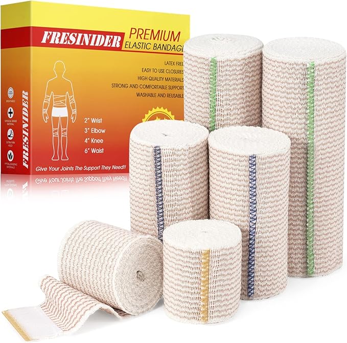 FRESINIDER Premium Elastic Bandage Wrap, 6 Pack (2x2, 2x4, 2x6) Cotton Compression Bandage with Touch Closure at Both Ends, Support & First Aid, Medical, and Injury Recovery