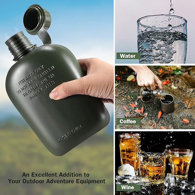 1 Quart Plastic Canteen Military Canteen Portable Military Water Bottle with Bottle Pouch Cotton Cover Bag and Waist Belt for Backpacking Hiking Camping Climbing Outdoor Activities