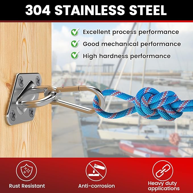 sprookber 304 Stainless Steel Pad Eye Snap Hooks, M6 Heavy Duty Ceiling Hooks, 800 lb Capacity Hammock Swing Hanging kit, Plant Hangers, Marine Hardware Staple Hook Loop with Screws, Set of 8