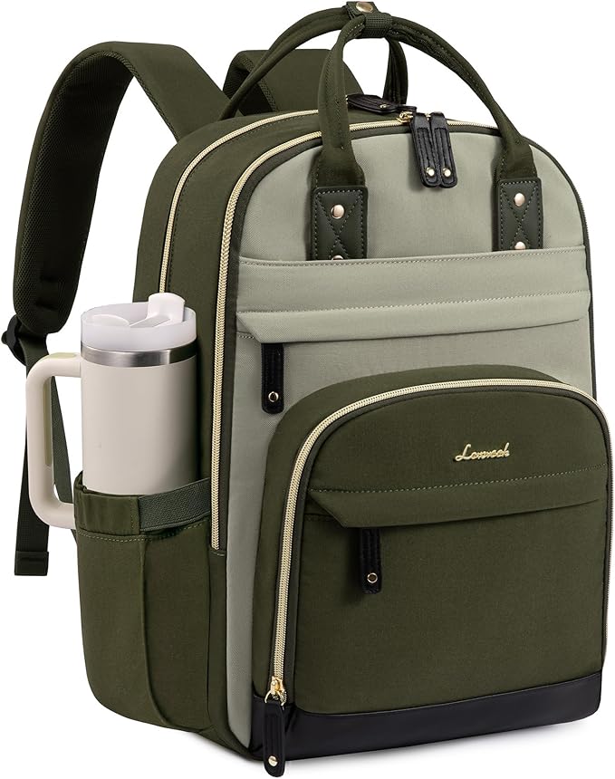 LOVEVOOK Laptop Backpack Women with Giant Cup Holder,17.3 inch Work Travel Backpack Computer Laptop Bag,Cute College Nurse Teacher Backpack Purse,Gift for Women & Men,Olive green-Bean green-Kelp green