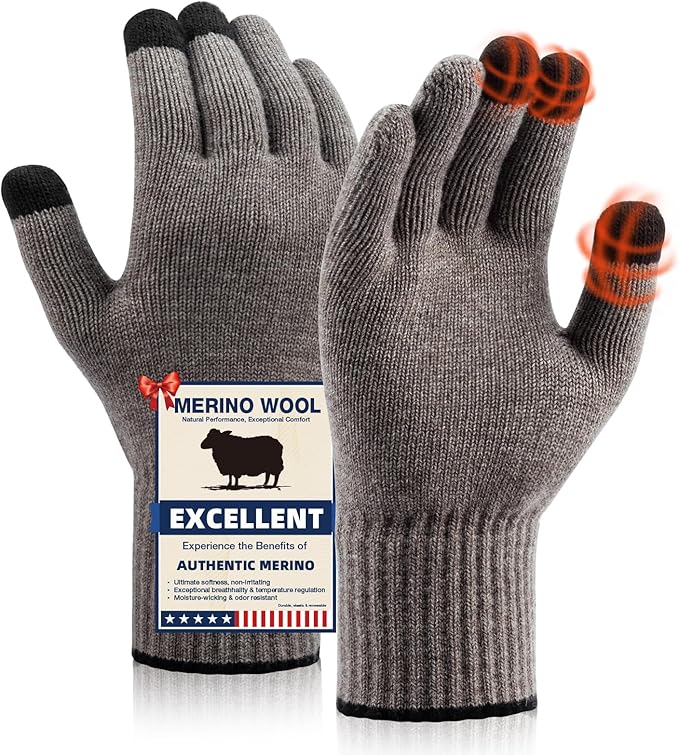 Merino Wool Gloves for Men Women, Touch Screen Warm Glove Liners Thermal Soft Knit Lining for Winter Running Hiking