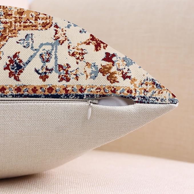 Outdoor Waterproof Pillow Covers - 20x20 Inch Set of 2 Bohemian Vintage Carpet Pattern Pillow Covers in Brown and Blue Ethnic Design for Decorative Farmhouse, Couch, Garden, Balcony