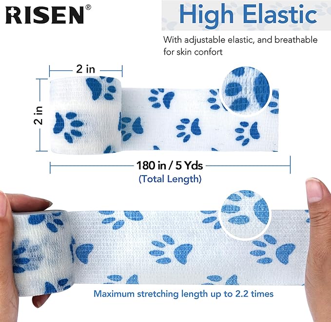 RISEN Cohesive Bandage 2” x 5 Yards, 6 Rolls, Self Adherent Wrap Medical Tape, Adhesive Flexible Breathable First Aid Gauze Ideal for Stretch Athletic