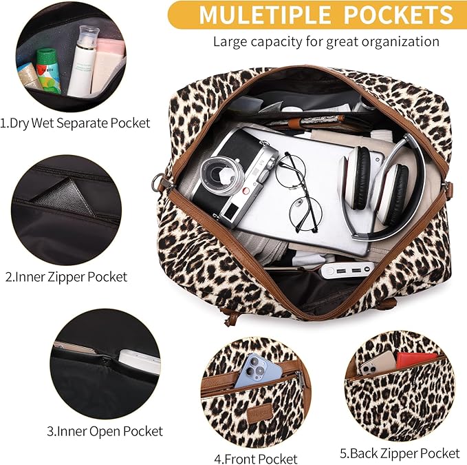 Wogarl 4PCS Weekender Bags for Women Large Overnight Weekend Travel Duffel Carry on Shoulder with Shoe Compartment Canvas Toiletry Bag for Travel Business Gym