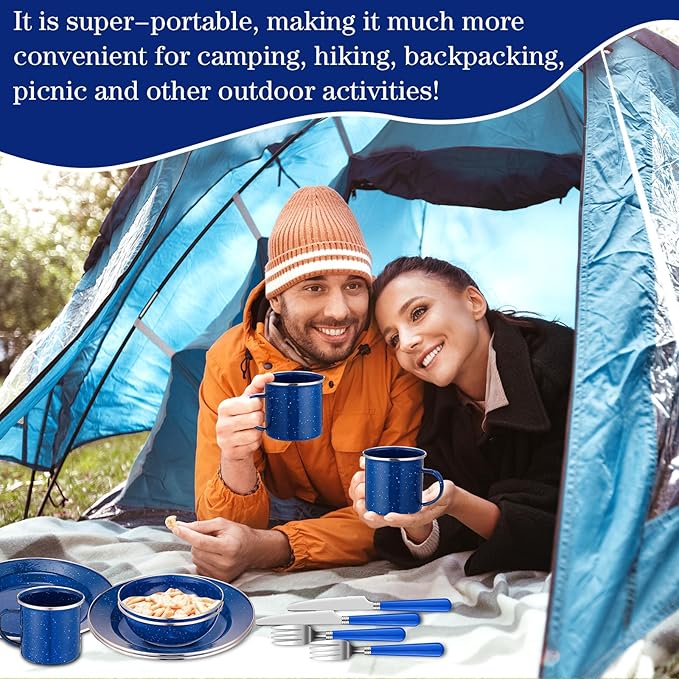 Nuogo 12 Pcs Enamel Camping Tableware Set Dinnerware Kit Includes 12 oz Coffee Mugs Camping Plates Bowls and Utensils Set with Knife Fork Spoon for 2 People Hiking Picnic Outdoor
