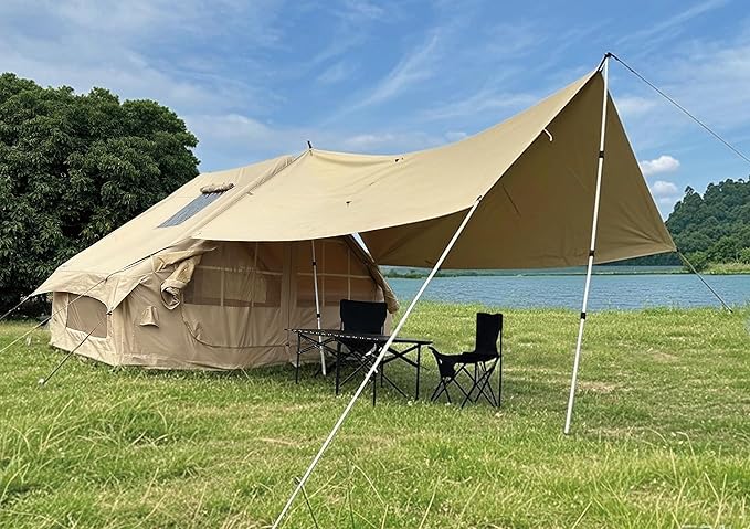 Inflatable Camping Tent for 4 Person with Heavy Duty 600D Oxford Fabric - Blow Up Tent Includes Rainfly & Air Pump,Easy Setup, Portable All Season Cabin House for Family Camping