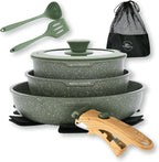 Kitchen Academy Removable Handle Pots and Pans Set - 10 Pieces Green Cookware Set with Removable Handle, RV Induction Cookware Set for Camp