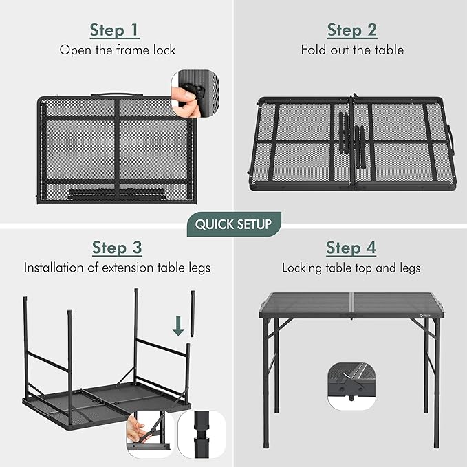 VILLEY Grill Table, 3ft Folding Camping Table with Aluminum Adjustable Legs, Portable Lightweight Camp Table for Beach Picnics and Outdoor Cooking