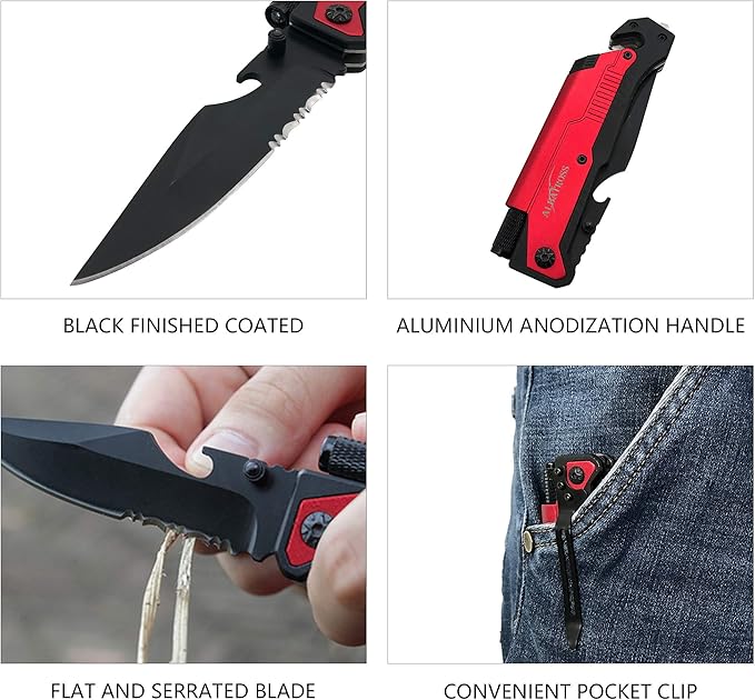 ALBATROSS 6-in-1 Survival Tactical Military Folding Pocket Knives with LED Light,Rope Cutter,Glass Breaker,Magnesium Fire Starter,Bottle Opener;Multi-Function Emergency Tool(Red)