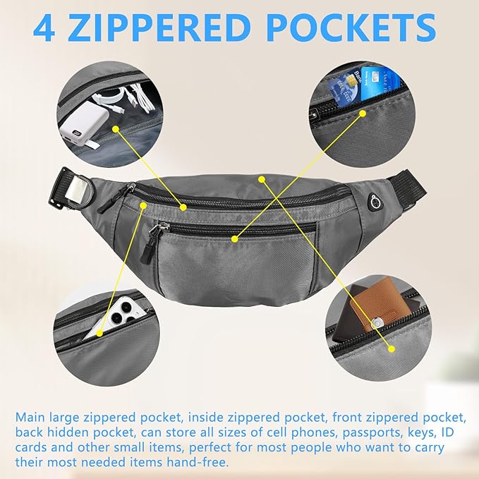 1PCS Crossbody Fanny Pack Large Capacity Waist Bag with 4-Zipper Pockets Adjustable Strap Fanny Packs Waterproof Oxford Cloth Travel Belt Bag for Outdoor Shopping Travel Men Women,Gray