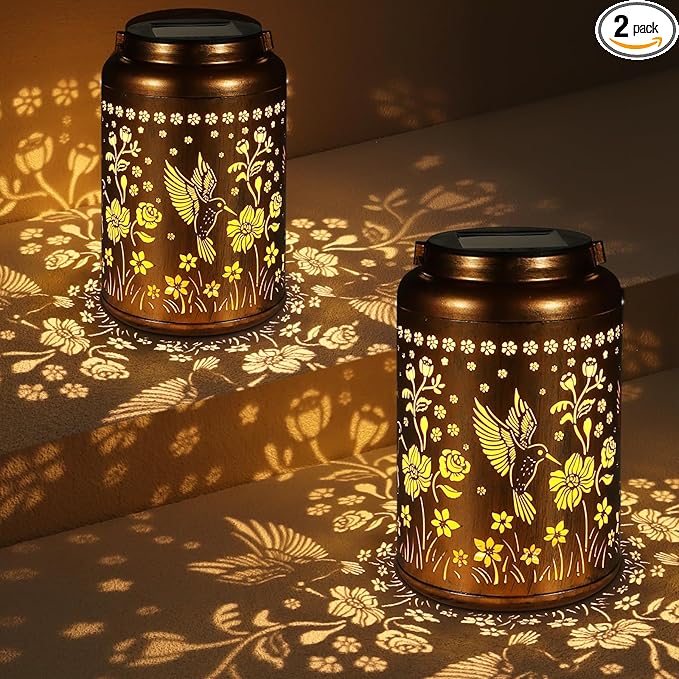 2 Pack Solar Lanterns Outdoor Waterproof, Hummingbird Garden Decor Gifts for Women Mom Grandma Hanging Solar Lights Metal Solar Decoration Outside for Yard, Patio, Lawn, Pathway