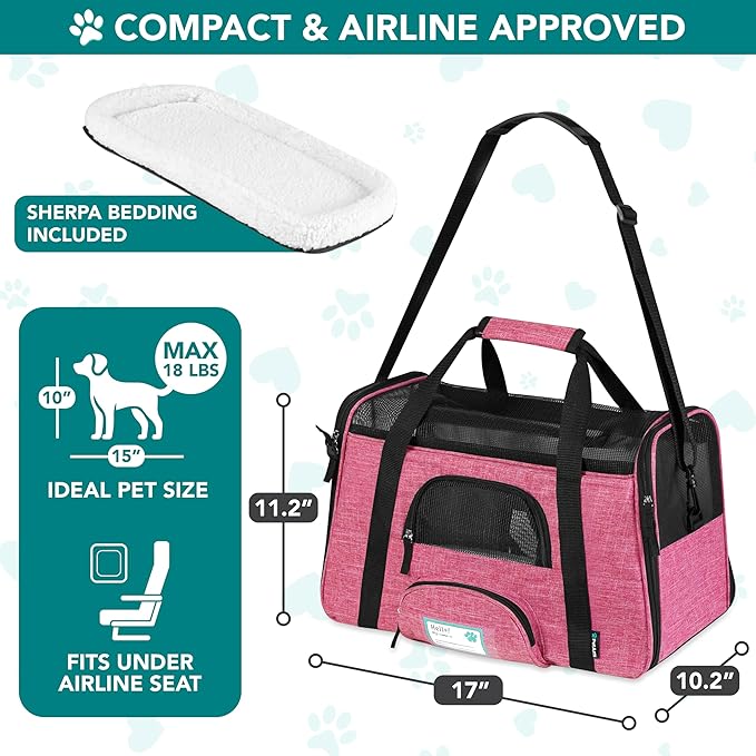 PetAmi Airline Approved Pet Carrier for Cats & Small Dogs, Soft Sided TSA Travel Carrier Bag Sherpa Bed, Breathable Mesh Ventilation, Collapsible Bowl, Fit Under Seat, Up to 18 lbs, Small Heather Pink