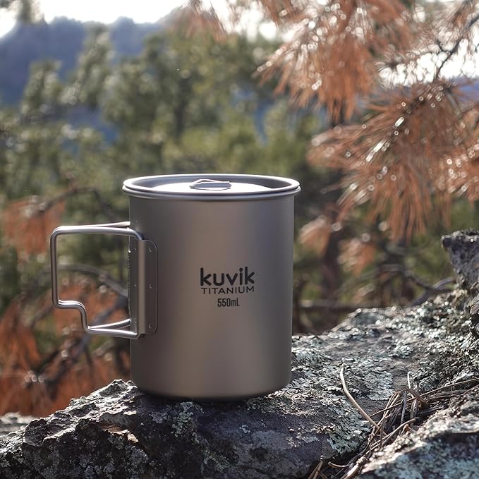 Kuvik Titanium Cup with Lid 550ml (18.6 oz) - Ultralight and Compact Pot for Backpacking, Camping, and Survival