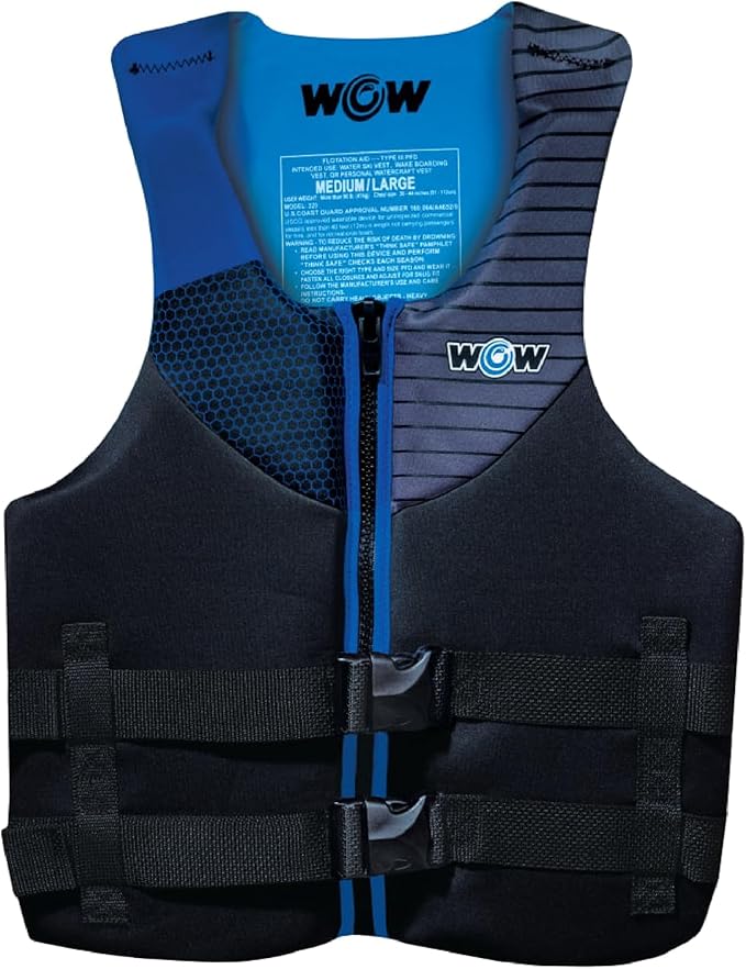 WOW Sports Life Jacket, US Coast Guard Approved Life Vest for Fishing, Kyaking, & Boating PFD, Blue - Small/Medium
