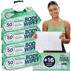 Body Wipes for Women, Extra Moist No Rinse Bathing Sheets (4pk), 200 XL Shower Cloths + 16 Deodorizing Bath Wipes - 9"x12" Travel Size Essentials, Toiletries for Womens Hygiene & Post Workout Cleanup