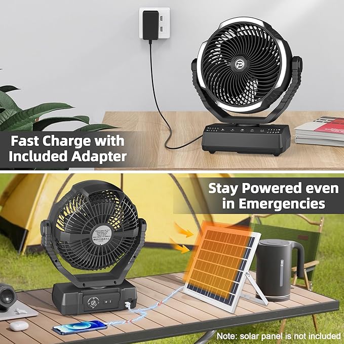 PANERGY Camping Fan with Light - 20000mAh Rechargeable Battery Fan with Charger, 70Hrs Cooling Time, 4 Speeds, 110° Auto Oscillation & 270° Pivot Design with Hook for Camping/Power Outage/Hurricane