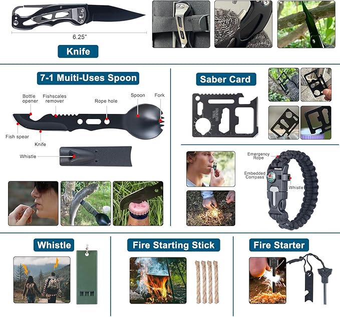 254 in 1 Survival Kit, First Aid Kit Survival for Outdoor Emergencies Includes Hatchet, Shovel, Flashlight, Tools Ideal for Camping, Hiking, Travel Gift for Men