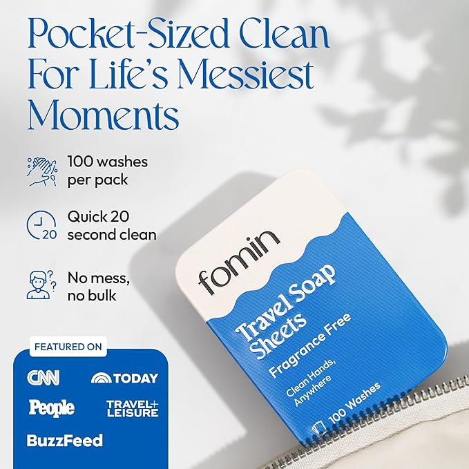 FOMIN - Antibacterial Paper Soap Sheets for Traveling - 100 Unscented Portable Hand Soap Sheets for Travel in Tin - Dissolvable Mini Portable Travel Soap Sheet for Hand Washing, Camping and Hiking