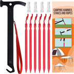 Eurmax USA Hiking Camping Tent Stakes and Hammer Set Lightweight Multi-Function Tent Hammer with Tent Stake Remover,Tent Pegs for Camping, Hiking, Backpacking, Gardening(Red Stakes)