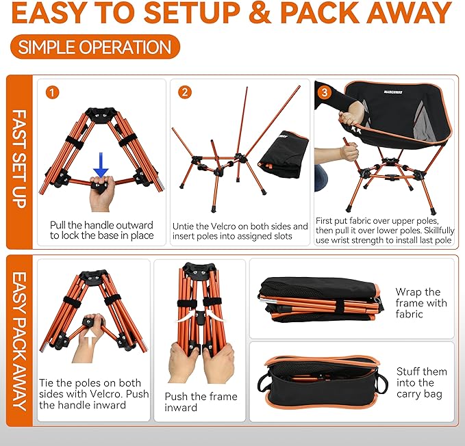 MARCHWAY Lightweight Folding Camping Chair, Portable Foldable Compact for Outdoor Camp, Travel, Beach, Picnic, Festival, Hiking, Backpacking, Supports 330Lbs (Orange)