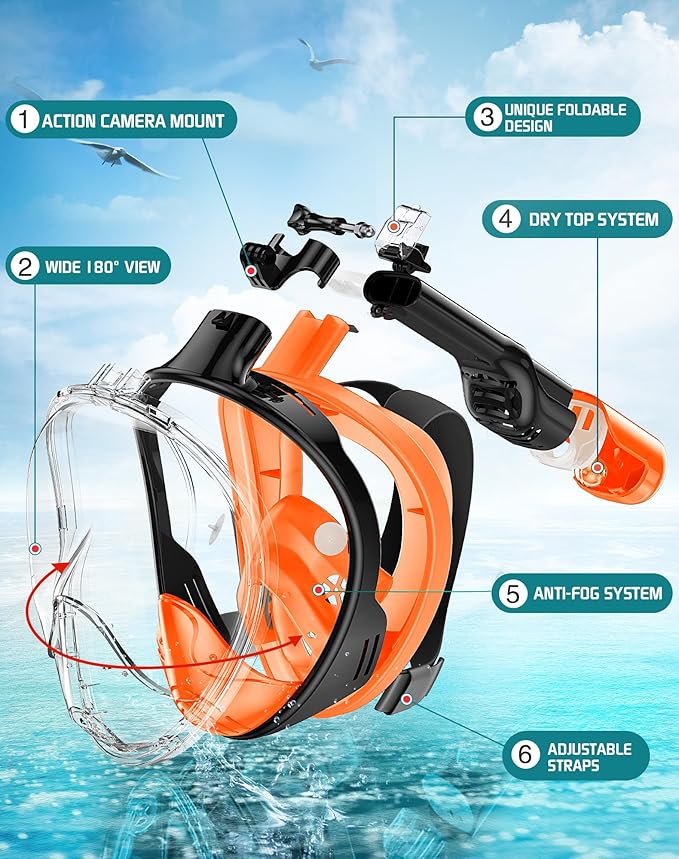 Greatever Full Face Snorkel Mask, Snorkeling Gear for Adults with Latest Dry Top Breathing System and Detachable Camera Mount, Foldable Snorkel Mask Adult, Snorkels Anti-Fog & Anti-Leak