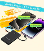 6000mah Ultra Slim Built in Cables Power Bank, Card Size Built in USB C Cords Battery Pack Portable Charger for Phones, 3 Output External Battery Pack Compatible with iPhone, Samsung, Deep Black