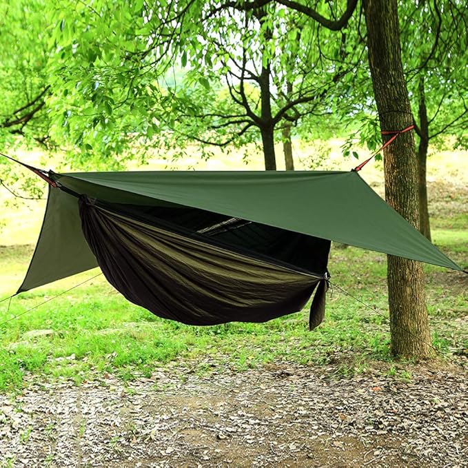 Camping Hammock with Mosquito Net and Rain Fly - Travel Hammock Bug Net - Hammock Tent for Outdoor Hiking Backpacking Travel Camping Accessories and Camping Gear… Military Green