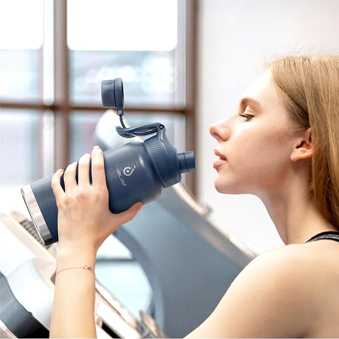 IDEUS Insulated Stainless Steel Water Bottle with 2 Leak-Proof Lids, Thermal Water Flask for Hiking Biking, 32oz, Navy Blue