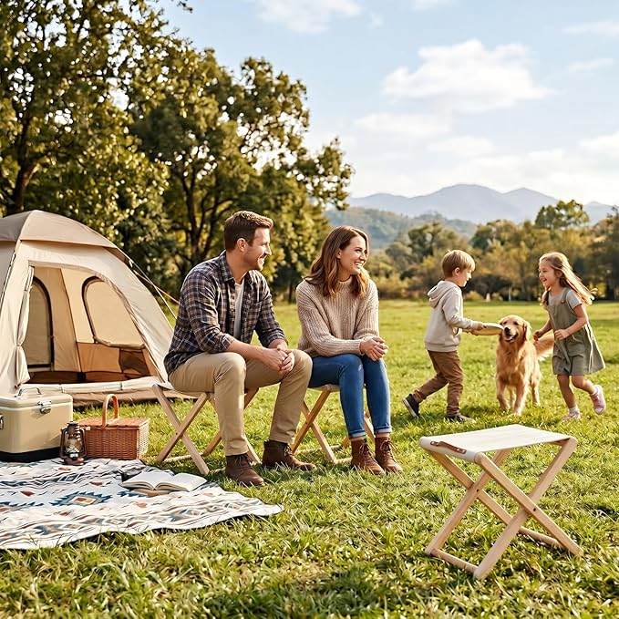 Folding Camping Stools Set of 6, Canvas Folding Stool with Wood Legs Portable Camp Stool Chairs for Outdoor Fishing Picnic Travel BBQ, Beige