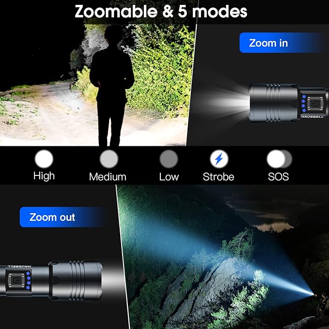 HAUSBELL A100 Upgraded LED Flashlights 20000 High Lumens, Zoomable Bright Flashlight with 5 Modes, Long Range 2000ft, Waterproof Powerful Tactical Flash Light for Emergency, Camping Gear, Hiking