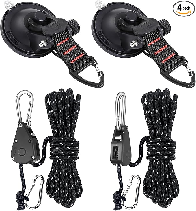 CONBOLA Suction Cups Hooks with 1/8" Adjustable Grow Light Hangers 13 ft with Reinforced Metal,Heavy Duty Ratcheting Pulley System for Camping Gardening and Various Tie-Down Uses.(4-Pack Set)