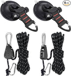 CONBOLA Suction Cups Hooks with 1/8" Adjustable Grow Light Hangers 13 ft with Reinforced Metal,Heavy Duty Ratcheting Pulley System for Camping Gardening and Various Tie-Down Uses.(4-Pack Set)