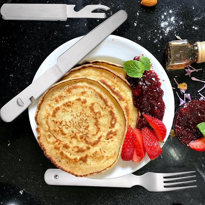 Portable Flatware Silvery Silverware Camping Stainless Steel Cutlery Set Outdoor Travel Knife Fork Spoon Bottle Opener 4 Pieces Foldable Durable Easy to Clean