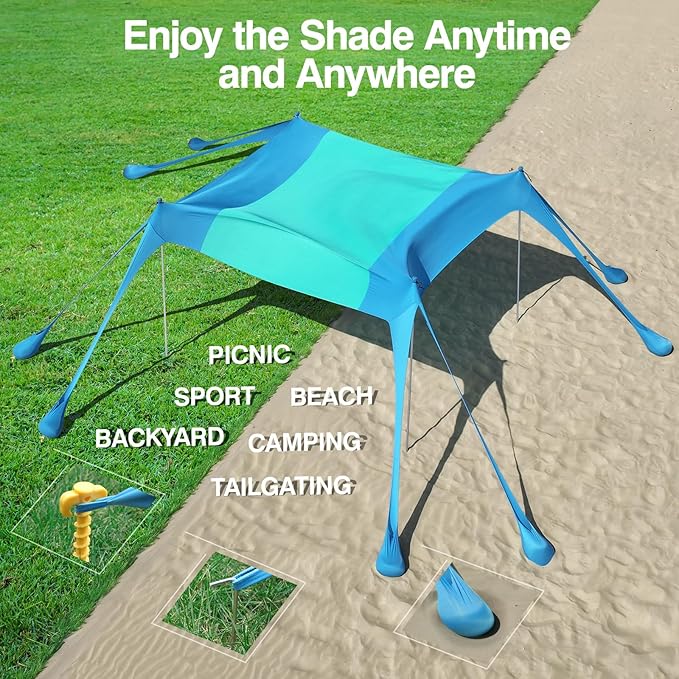 Rhino Valley Beach Tent Shade Canopy UPF50+ Protection, 8 Sandbags, 4 Stability Poles, Outdoor Sun Shelter Umbrella for Sand, Camping, Fishing Essentials