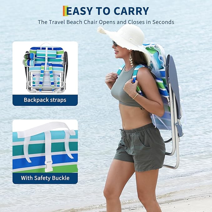 GarveeLife Backpack Beach Chair for Adults, Lightweight Portable Lay Flat Folding Beach Chair with 5 Reclining Positions, Backpack Straps, Phone Pocket, Cup Holder & Towel Bar